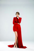 Vestido midi vermelho de manga longa