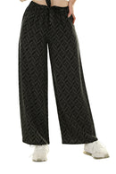 Calça pantalona preta com estampa geométrica branca