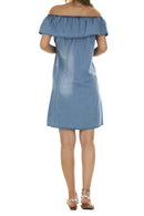 Vestido jeans ombro a ombro visto de costas